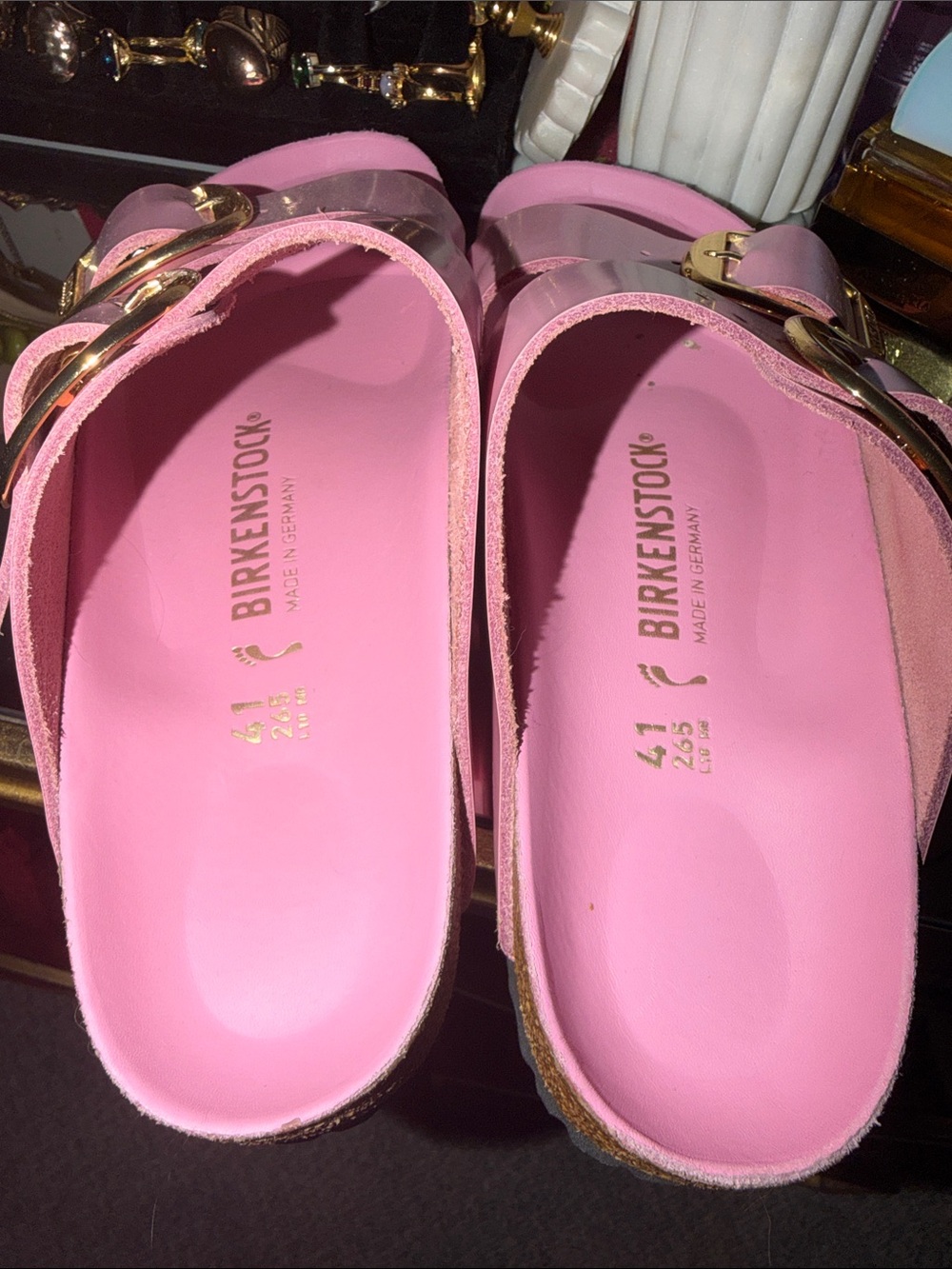 Birkenstock Pink Double Buckle Sandals with Gold Buckles - Picture 3 of 5